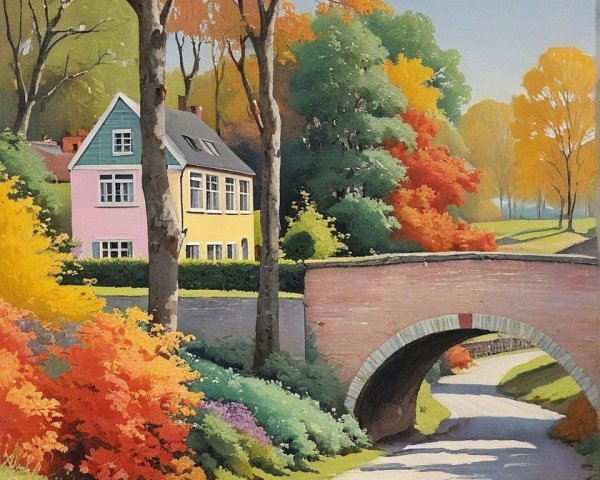 Autumn Landscape with House and Stone Bridge