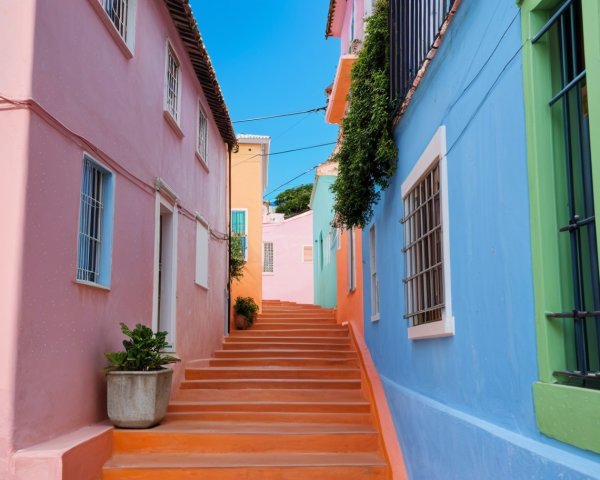 Colorful Alleyway with Bright Houses and Stairs