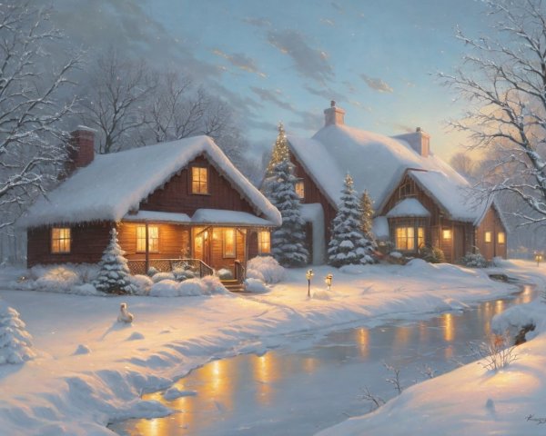 Realistic Oil Painting of Winter Cabins in Snow