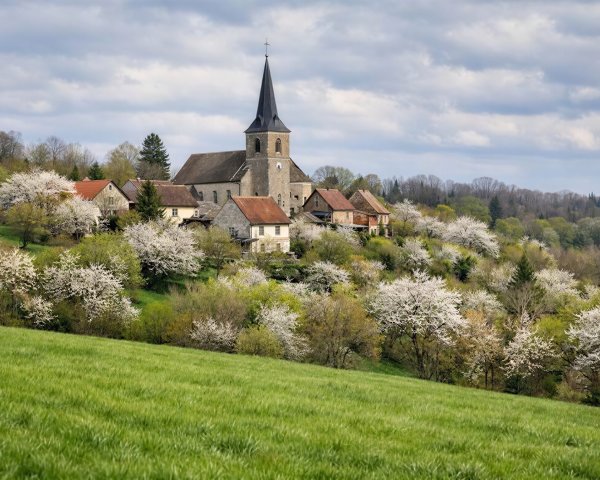 Hillside Village with Stone Church and Green Fields
