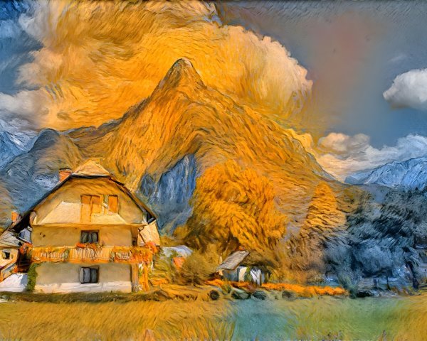 Charming House and Majestic Mountain Landscape Scene