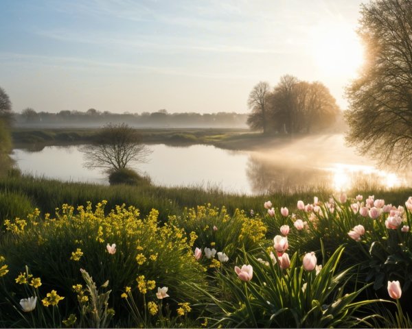 Serene Dawn Landscape with River and Blooming Flowers