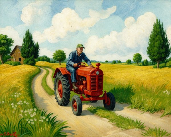 Farmer on Red Tractor in Golden Wheat Field