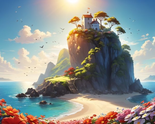 Charming House on Rocky Cliff Overlooking Tranquil Sea