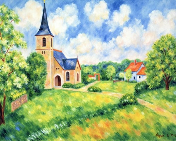Charming Church Surrounded by Lush Countryside Scene