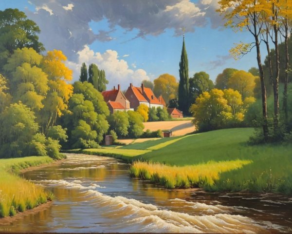 Serene landscape with river, greenery, and houses