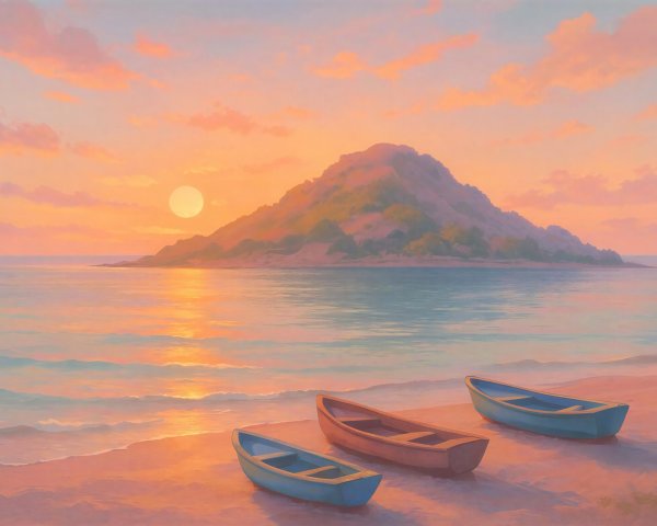 Island Beach Sunset with Mountain and Fishing Boats