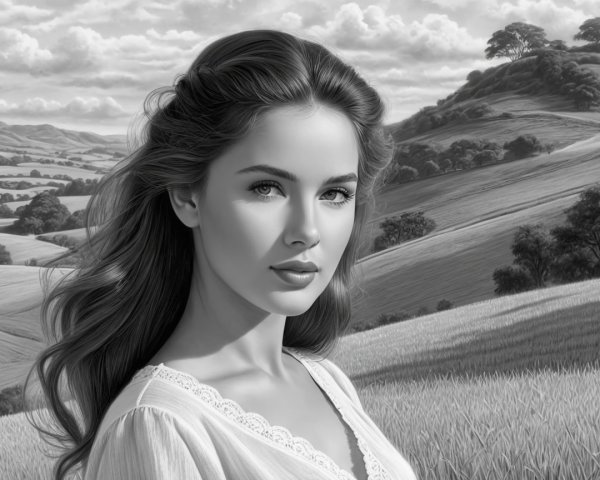 Black and white portrait of a woman in a field