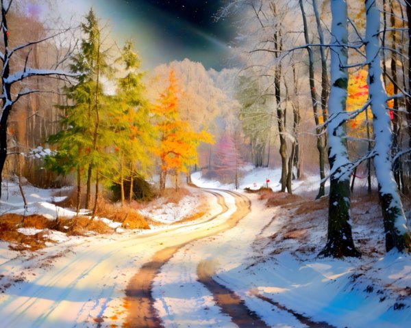 Serene winter landscape with vibrant foliage and path