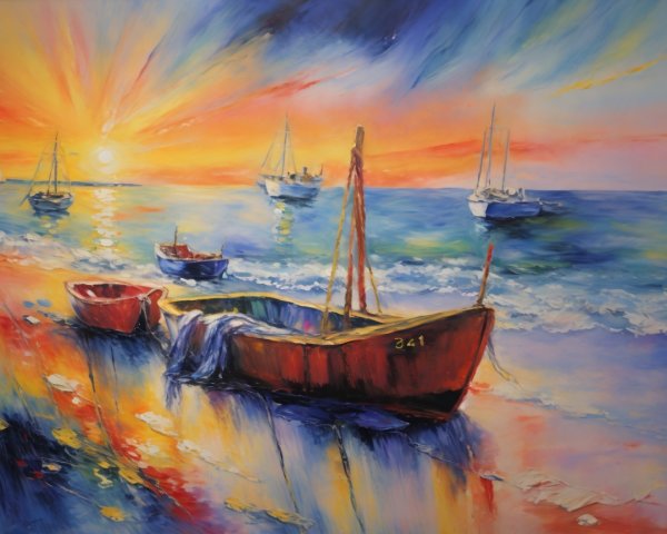 Vibrant Seascape at Sunset with Colorful Boats