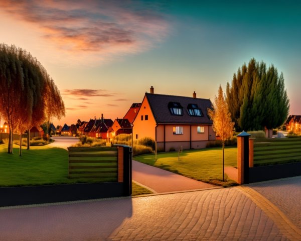 Serene Suburban Scene at Dusk with Cozy Homes