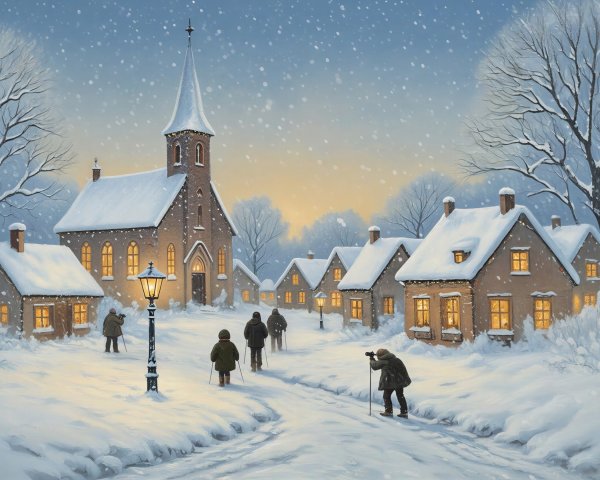 Winter Village Scene with Snowy Path and Church