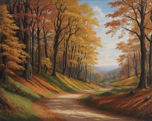 Autumn Landscape with Winding Path and Vibrant Trees