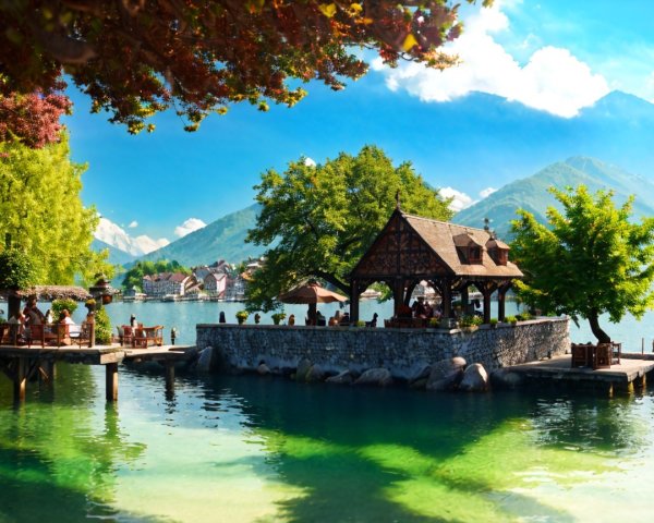 Scenic Lakeside View with Pavilion and Mountains