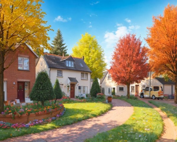 Charming Neighborhood with Autumn Foliage and Pathway