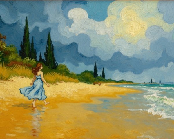 Serene Beach Scene with Woman in Blue Dress