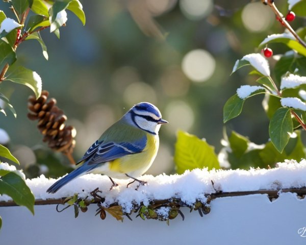 Blue Tit on Snowy Ledge with Green Leaves and Berries