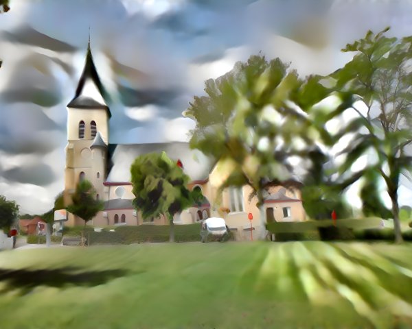 Charming Church in Lush Green Landscape with Steeple