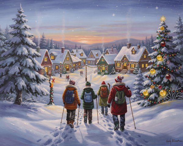 Winter Wonderland Oil Painting with Snowy Village Scene