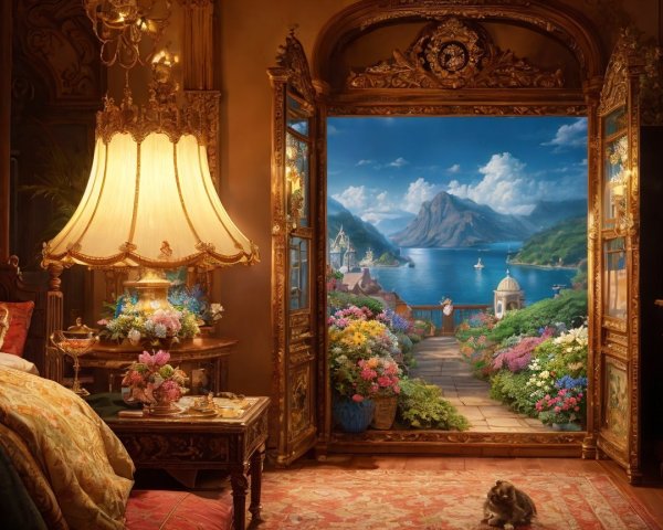 Decorative Bedroom with Scenic Lake View and Cat