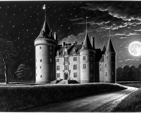 Majestic castle illuminated under a starry night sky