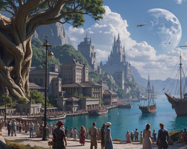 Vibrant Fantasy Landscape with Waterfront City and Castles