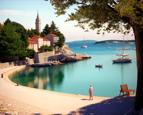 Coastal Village with Sailboats and Scenic Views
