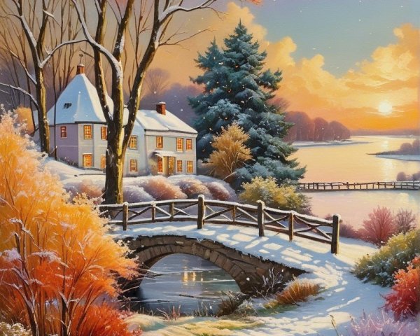 Winter Landscape with Cozy House and Autumn Trees