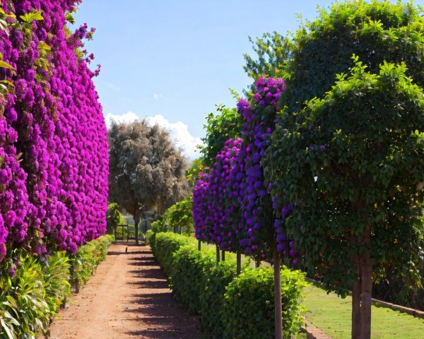 Picturesque Pathway with Bougainvillea and Green Shrubs