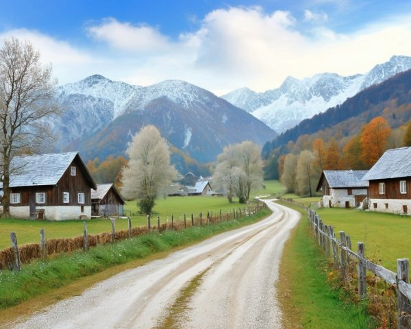 Countryside Scene with Winding Road and Mountains