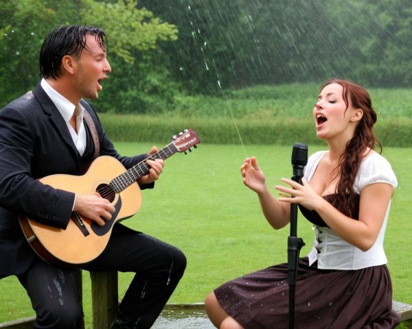 Man and woman singing in the rain outdoors
