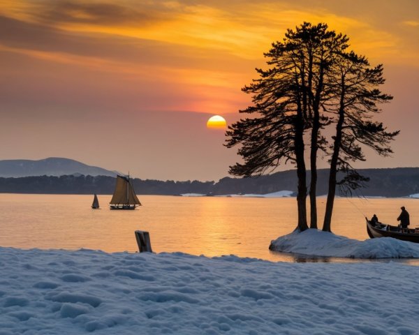 Serene winter seascape at sunset with vibrant colors