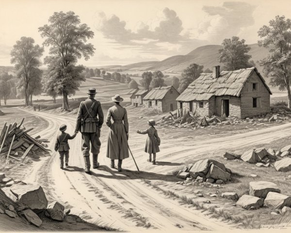 Soldier and Family Walking in a War-Torn Landscape