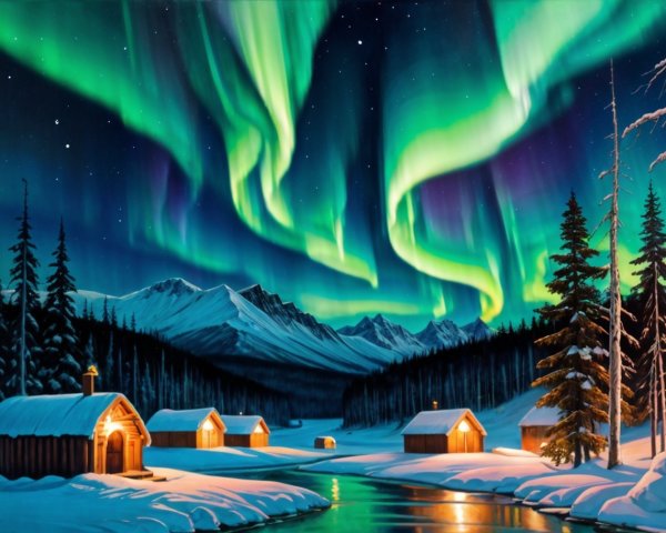 Winter Night Landscape with Northern Lights and River