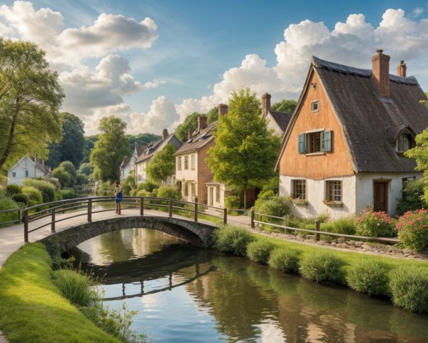 Charming Village Scene with Cottages and Stream