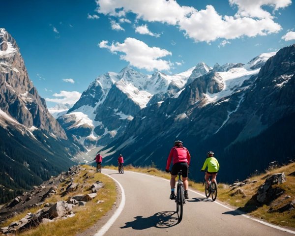 Mountainous Landscape with Cyclists on Winding Road