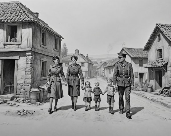 Black-and-white illustration of village scene with families