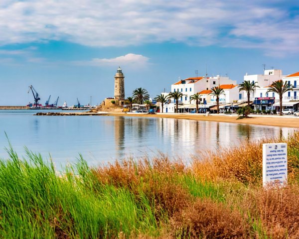 Coastal Scene with Lighthouse and Sandy Beach
