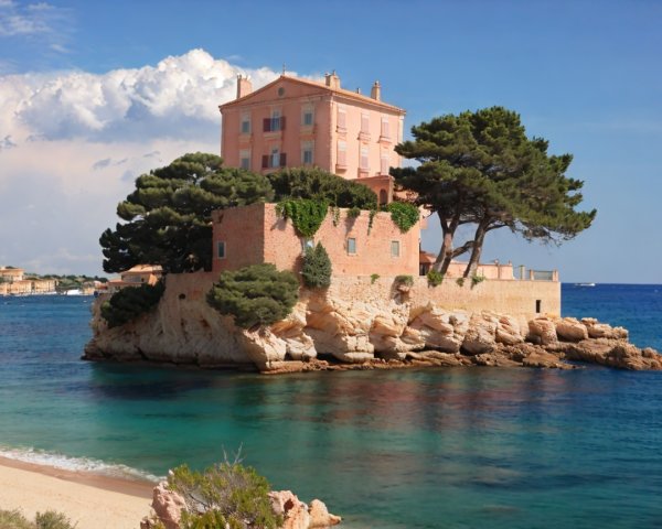 Charming Island Retreat with Pink Building and Turquoise Waters