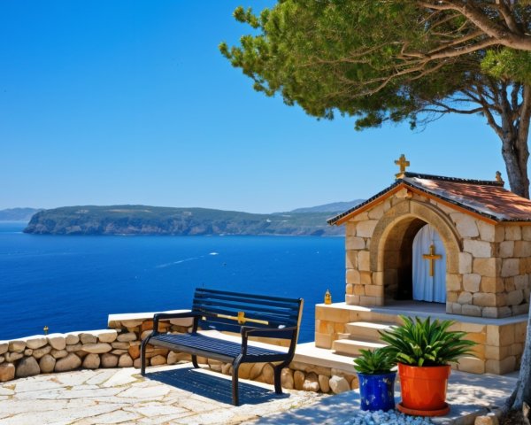 Serene Coastal Scene with Chapel and Vibrant Flora