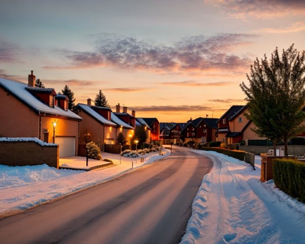 Winter Evening Scene of Snowy Residential Street