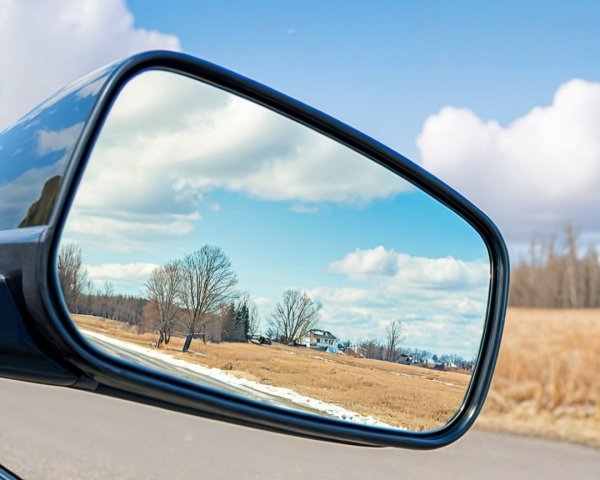 Car Side Mirror Reflecting Scenic Rural Landscape