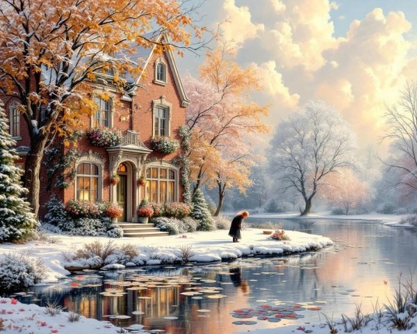 Winter Scene with Brick House and Autumn Foliage