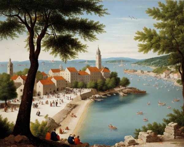 Quaint Coastal Village with Sandy Beach and Sailboats