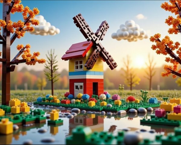 Whimsical LEGO Scene with Colorful House and Windmill