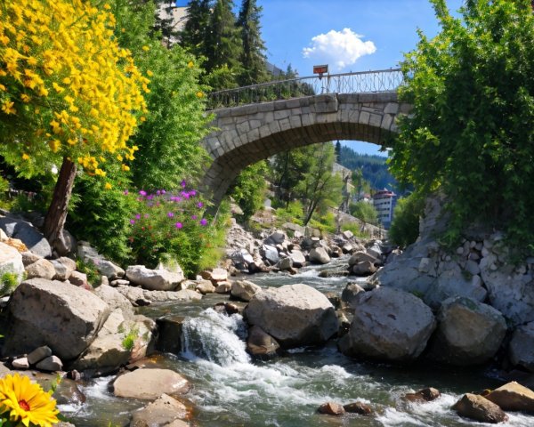 Stone Arch Bridge Over Stream in Lush Greenery