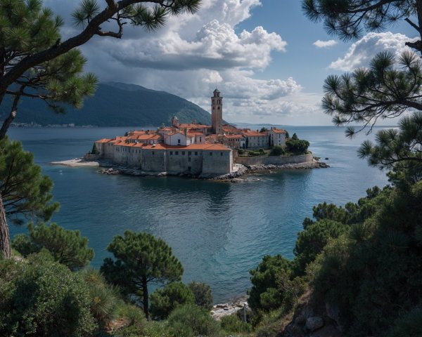 Picturesque Island with Stone Buildings and Clock Tower