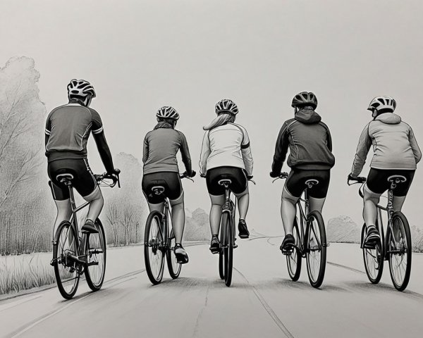 Cyclists in Black and White Sketch on Paved Road