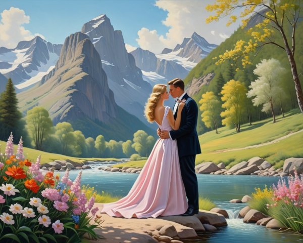 Fairytale Painting of Romantic Scene by a River