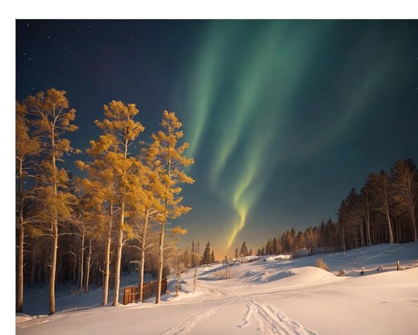 Winter Landscape with Aurora Borealis and Trees